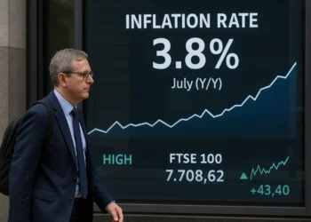 رجل يمر أمام لوحة إلكترونية تعرض بيانات اقتصادية في لندن تعكس ارتفاع التضخم في بريطانيا إلى 3.8٪ وتأثيره على الأسعار والأسواق