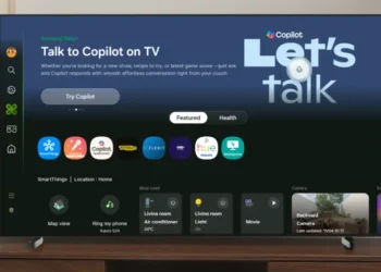 عرض واجهة تلفاز سامسونج 2025 يظهر فيها المساعد الذكي مايكروسوفت كوبايلوت مع تصميم تفاعلي يعكس تجربة مشاهدة ذكية