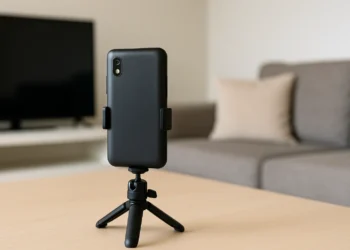 صورة توضح تحويل هاتف قديم موضوع على حامل إلى كاميرا مراقبة منزلية تعمل عبر تطبيقات مجانية لتعزيز الأمان المنزلي