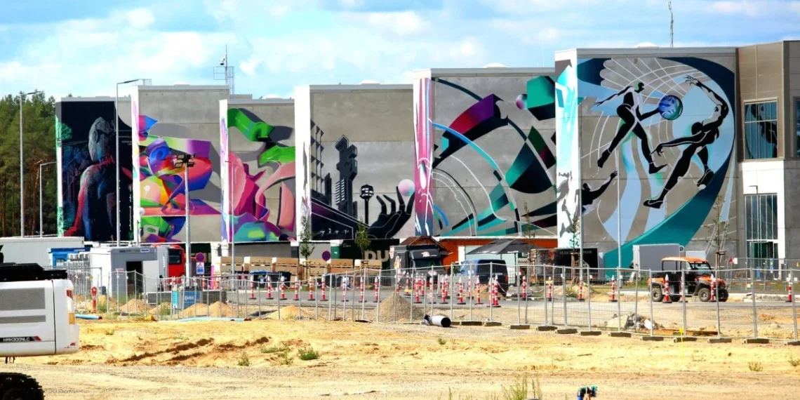 روبوت ألبرت يرسم جداريات ملونة بدقة ملايين النقاط على جدران مصنع تسلا جيجافاكتورى برلين، فى مزيج بين الفن الجرافيتى والتكنولوجيا المتقدمة