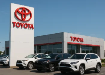 واجهة معرض تويوتا مع صف سيارات حديثة أمام المبنى، تعكس حضور الشركة القوي رغم خسائرها بسبب الرسوم الجمركية