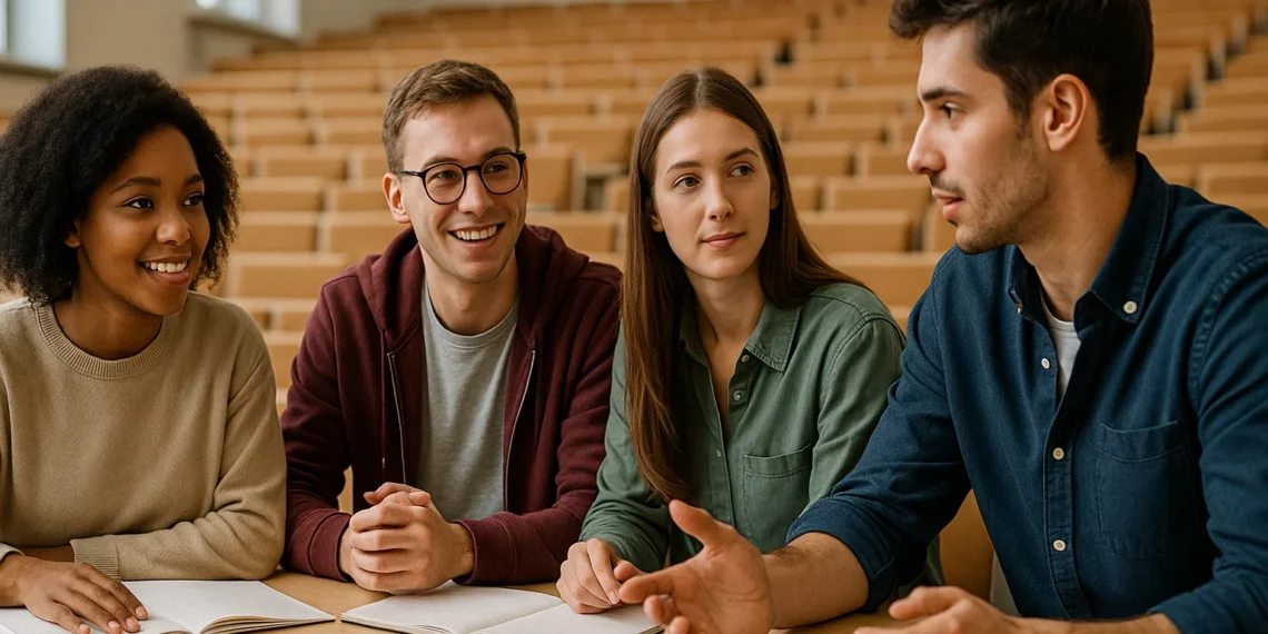 طلاب جامعيون في قاعة محاضرات يناقشون كيفية اختيار تخصص جامعي يواكب متطلبات سوق العمل المستقبلي