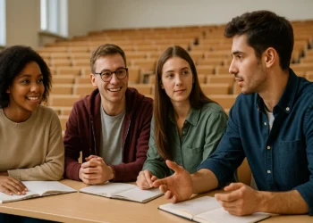 طلاب جامعيون في قاعة محاضرات يناقشون كيفية اختيار تخصص جامعي يواكب متطلبات سوق العمل المستقبلي