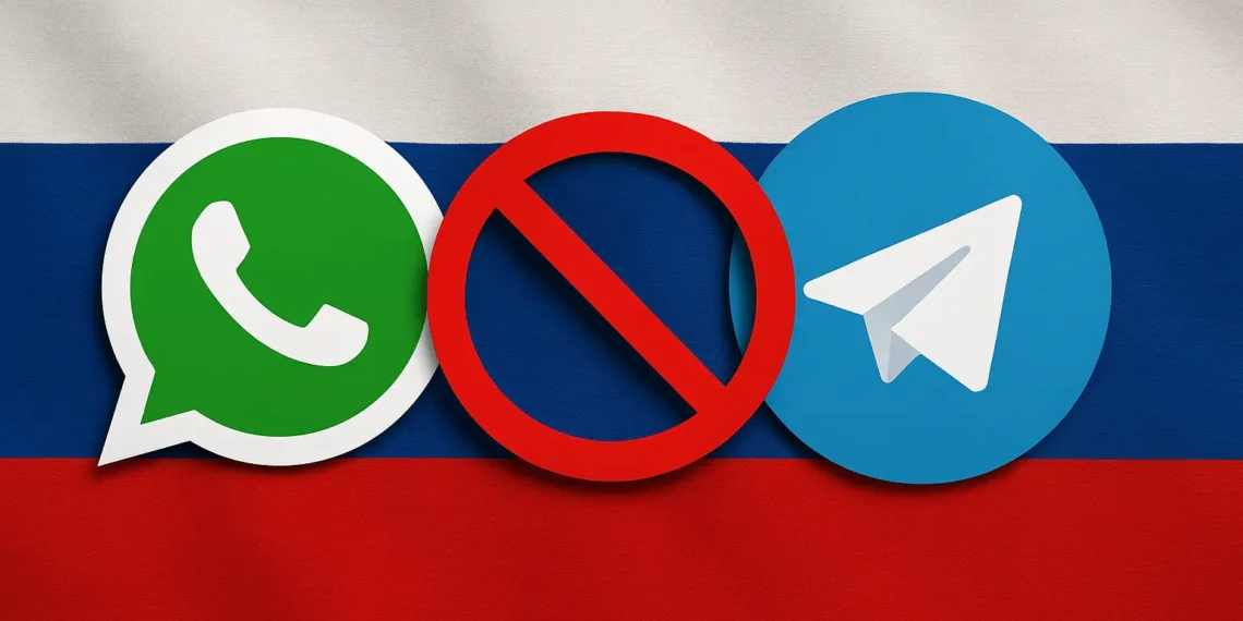 شعارا واتساب وتليغرام على خلفية العلم الروسي مع إشارة حظر ترمز إلى تقييد المكالمات الصوتية