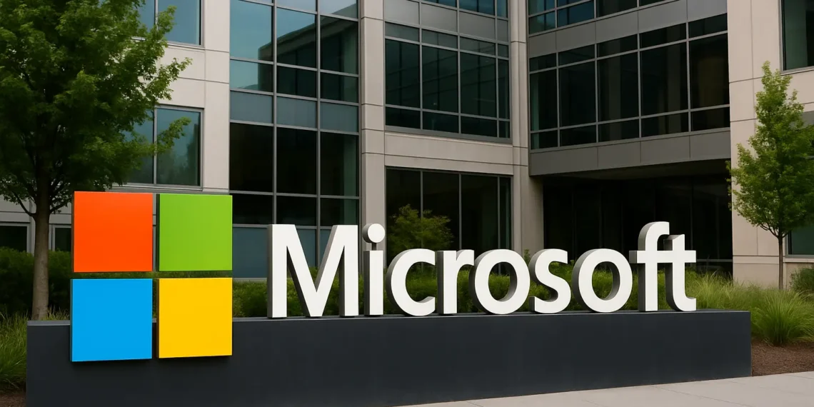 شعار مايكروسوفت مع عرض مرئي ثلاثي الأبعاد يرمز إلى نماذج الذكاء الاصطناعي الجديدة MAI-Voice-1 وMAI-1-preview