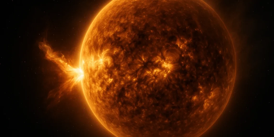 صورة توضيحية للشمس مع عرض بيانات مرصد ديناميكيات الشمس توضح دور Surya في التنبؤ بالعواصف الشمسية بدقة عالية