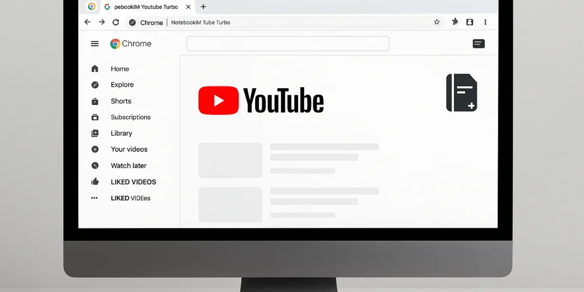 امتداد NotebookLM YouTube Turbo يعرض على شاشة كمبيوتر مع أيقونة يوتيوب، يوضح ميزة استيراد الفيديوهات للبحث والتحليل بسرعة.