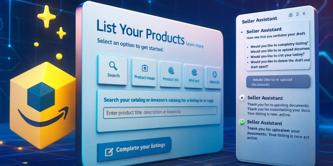 صورة توضيحية تظهر منصة أمازون مع مساعد رقمي يمثل وكيل ذكاء اصطناعي للبائعين لإدارة المخزون والإعلانات وتحسين المبيعات