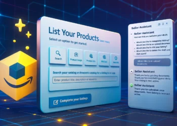 صورة توضيحية تظهر منصة أمازون مع مساعد رقمي يمثل وكيل ذكاء اصطناعي للبائعين لإدارة المخزون والإعلانات وتحسين المبيعات