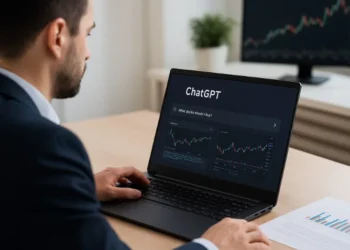 مستثمر يستخدم ChatGPT كمستشاره المالي عبر شاشة تعرض بيانات وأسهم في سوق الاستثمار الآلي