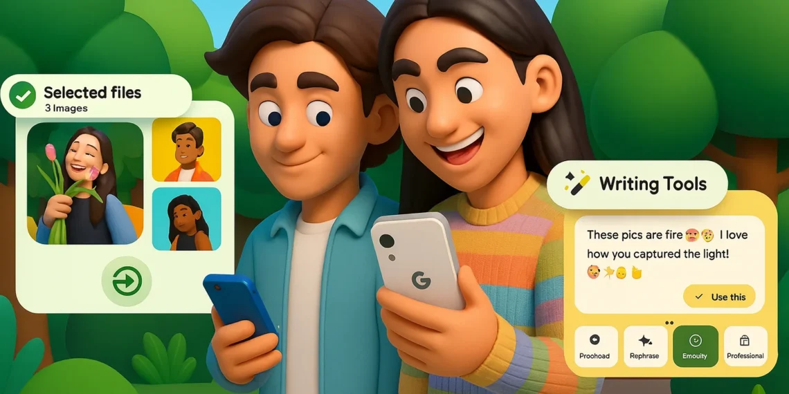 واجهة لوحة مفاتيح Gboard وأدوات كتابة ذكية، تتضمن خيارات لإعادة الصياغة والتدقيق والإيموجي