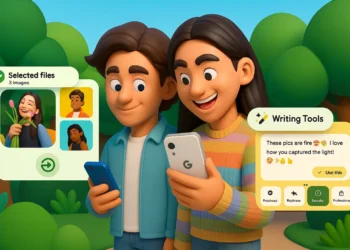 واجهة لوحة مفاتيح Gboard وأدوات كتابة ذكية، تتضمن خيارات لإعادة الصياغة والتدقيق والإيموجي