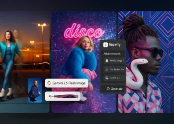 شاشة فوتوشوب تعرض استخدام محرك Nano Banana من جوجل لإنشاء صور ثلاثية الأبعاد وتعديلات احترافية