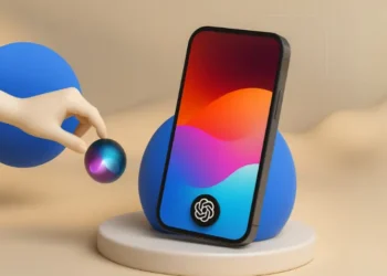 هاتف آيفون يعرض أيقونة سيري مع رمز ChatGPT في خلفية تقنية حديثة، يرمز إلى تطور قدرات سيري بالذكاء الاصطناعي