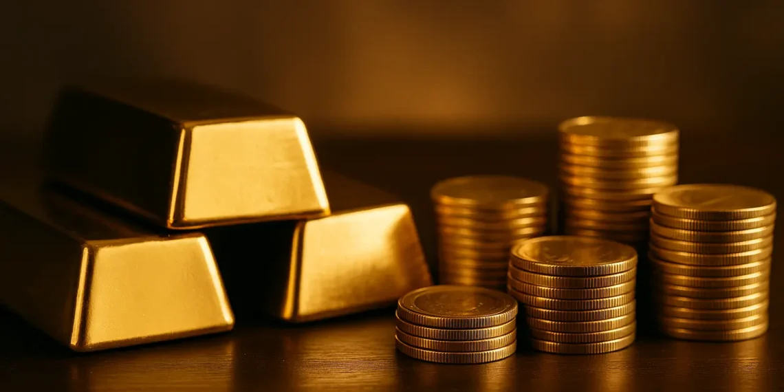 سبائك ذهب لامعة موضوعة بجانب عملات ذهبية تعكس ارتفاع أسعار الذهب عالميًا ومحليًا
