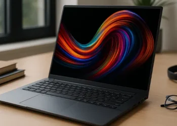 صورة لابتوب حديث على مكتب خشبي بجوار نظارة ودفتر، يوضح تصميم أنيق وأداء قوي يعكس موضوع أفضل أجهزة لابتوب للطلاب.