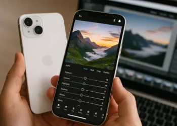 هاتف آيفون يعرض تطبيق Lightroom مع صورة مشهد غروب لإبراز إعدادات كاميرا آيفون.