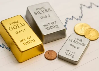 صورة توضح سبائك الذهب والفضة والبلاتين مع عملات معدنية على خلفية بيانية لتمثيل ارتفاع أسعار الذهب والأسواق العالمية