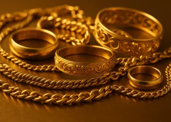صورة لمجموعة من المصوغات الذهبية تضم خواتم وسلاسل وأساور لامعة موضوعة على سطح ذهبي، تعكس مشهدًا واقعيًا لارتفاع أسعار الذهب عالميًا.