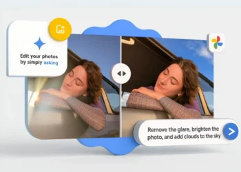 واجهة توضح ميزة تحرير الصور بالذكاء الاصطناعي في صور جوجل، مع عرض مقارنة قبل وبعد التحرير، حيث تمت إزالة الانعكاس، تحسين السطوع، وإضافة سحب في السماء.