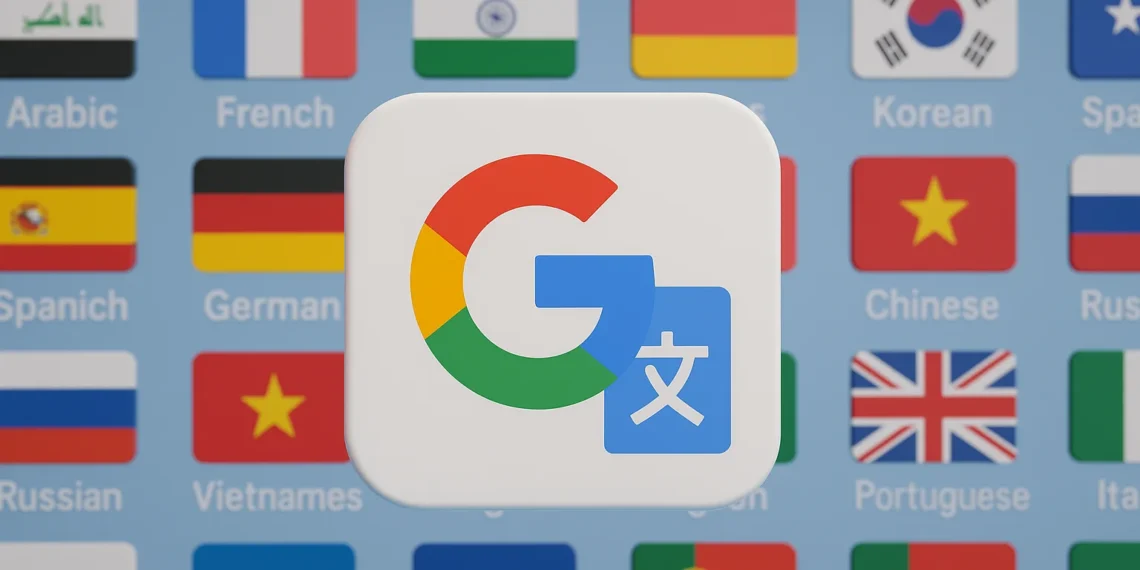 شعار تطبيق الترجمة من جوجل مع خلفية تضم أعلام دول متعددة ولغات مختلفة، تعبر عن الترجمة الفورية والتواصل العالمي