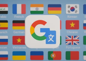 شعار تطبيق الترجمة من جوجل مع خلفية تضم أعلام دول متعددة ولغات مختلفة، تعبر عن الترجمة الفورية والتواصل العالمي