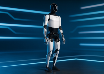 روبوت بشري Metabot من شركة ميتا يقف في بيئة تقنية حديثة مع إضاءة مستقبلية تعكس ثورة الروبوتات الذكية