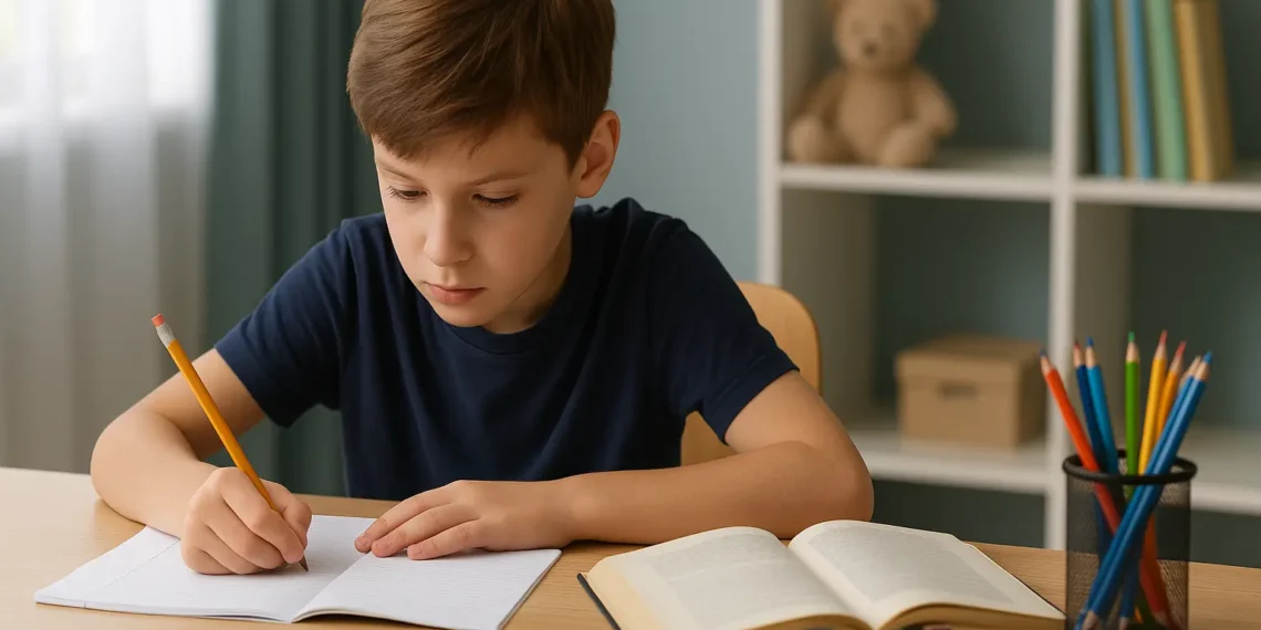 طفل يجلس على مكتب ينجز واجباته المدرسية مع وجود جهاز ألعاب إلكترونية بجانبه ليوضح التوازن بين وقت اللعب والدراسة للأطفال.