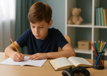 طفل يجلس على مكتب ينجز واجباته المدرسية مع وجود جهاز ألعاب إلكترونية بجانبه ليوضح التوازن بين وقت اللعب والدراسة للأطفال.