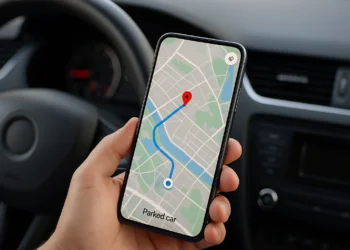 شاشة هاتف تعرض خرائط جوجل توضح مكان موقف سيارتك المحفوظ عبر أندرويد أوتو مع دبوس مميز لتحديد الموقع