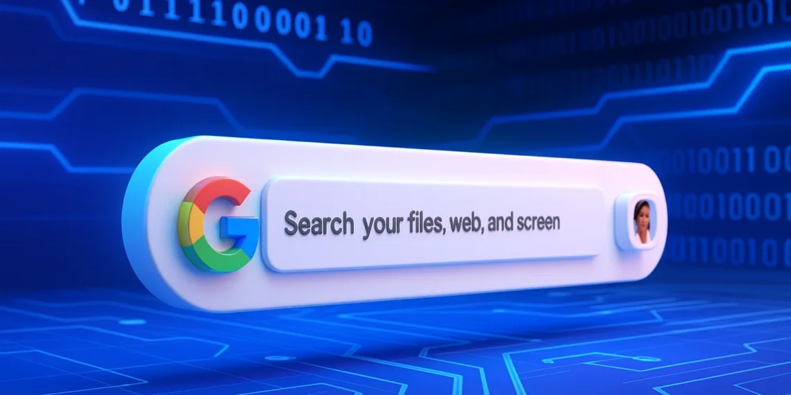 واجهة تطبيق البحث من جوجل على نظام ويندوز مع شريط بحث ذكي وميزات Google Lens والذكاء الاصطناعي