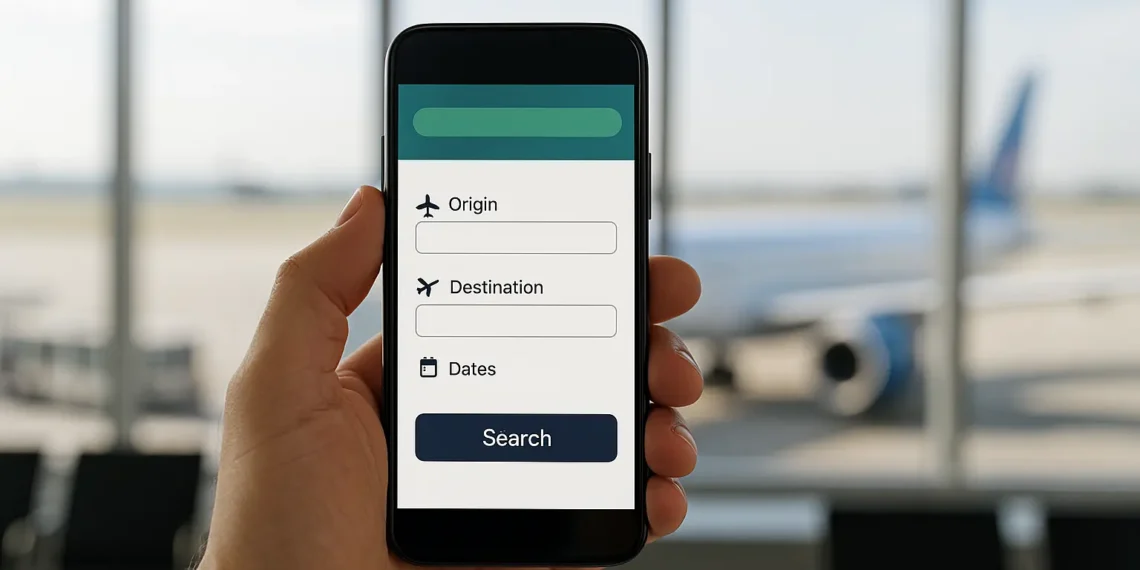 صورة مسافر في مطار يحمل هاتفًا يعرض تطبيق حجز رحلات، في مشهد يعكس استخدام التكنولوجيا لتحقيق حجز رحلات سفر أرخص