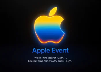 شعار آبل ثلاثي الأبعاد متوهج بألوان زرقاء وبرتقالية على خلفية سوداء أنيقة للترويج لمؤتمر آبل اليوم للكشف عن آيفون 17 وiOS 26