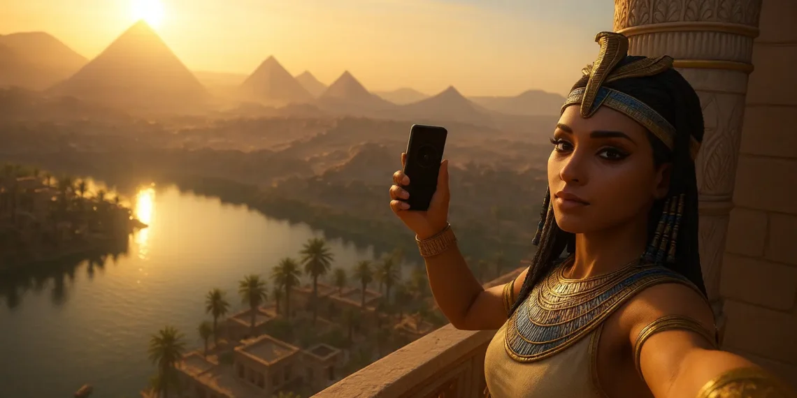 مشهد فتاة فرعونية ترتدي الزي التقليدي وتلتقط صورة أمام نهر النيل والأهرامات عند غروب الشمس في تصوير يجسد جمال الحضارة المصرية