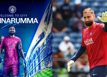 صورة الجيانلويجي دوناروما يرتدي قميص مانشستر سيتي الوردي رقم 99 داخل ممر استاد الاتحاد، مع عبارة ترحيب بانضمامه إلى النادي.