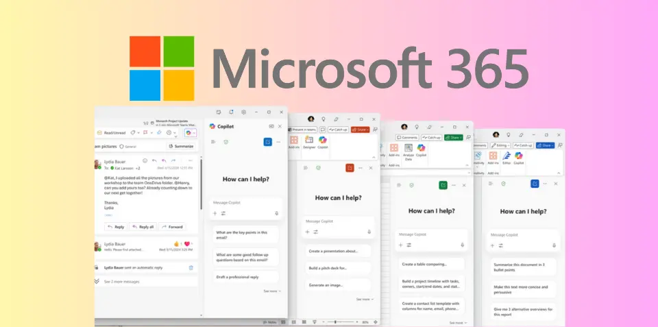 واجهة تطبيق مايكروسوفت أوفيس مع شريط جانبي جديد يعرض مزايا كوبايلوت المجانية لمستخدمي Microsoft 365 للأعمال