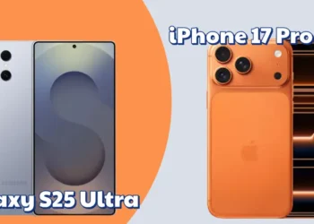 صورة مقارنة توضح الفروق بين iPhone 17 Pro Max و Galaxy S25 Ultra من حيث الكاميرا، الأداء، وعمر البطارية