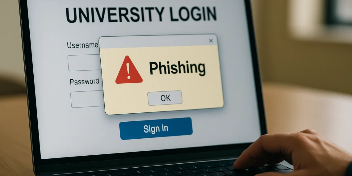 صورة توضح محاولة تصيد احتيالي تستهدف الجامعات في الشرق الأوسط عبر صفحات دخول مزيفة تشبه المواقع الرسمية