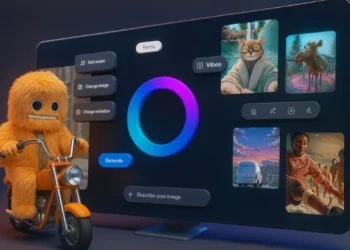 ميزة ميتا Vibes تعرض أدوات تعديل الفيديو القصير مثل إضافة موسيقى وتغيير الصور والرسوم، مع شخصية كرتونية برتقالية على دراجة ومقاطع فيديو متنوعة جاهزة لإعادة المزج.