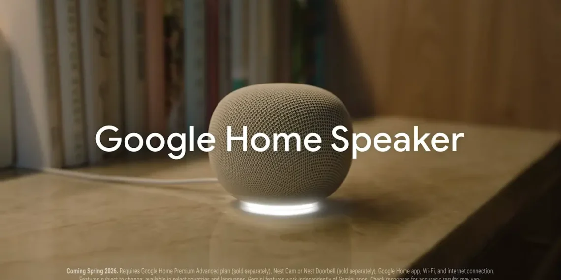سماعة Google Home Speaker بتصميم دائري حديث وألوان متعددة، تدعم Gemini AI وتوفر صوت 360 درجة مع خدمات Google Home Premium