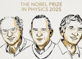 صورة توضح فوز ميشيل ديفوريت بجائزة نوبل في الفيزياء لعام 2025 وتُبرز دور جوجل في الحوسبة الكمّية.