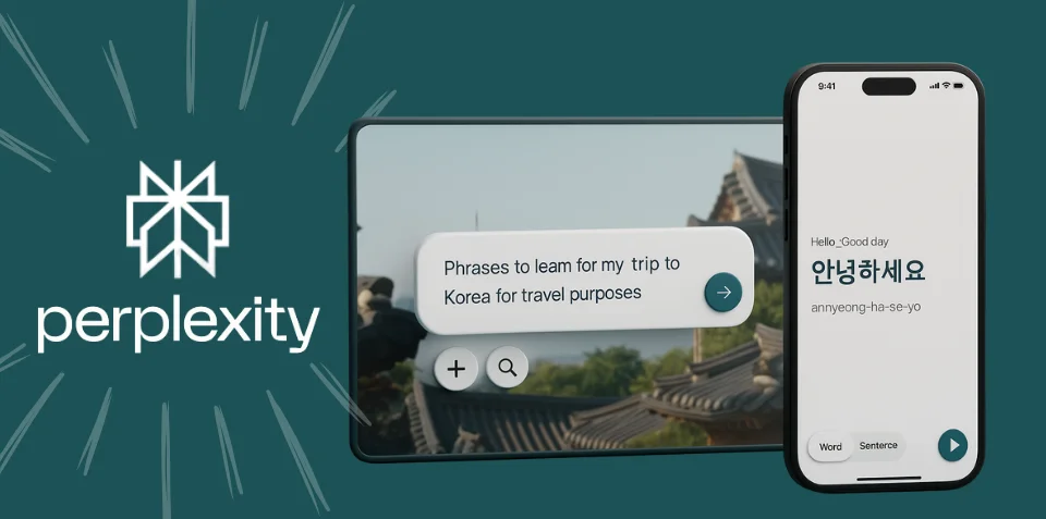 واجهة منصة Perplexity AI تُظهر ميزة تعلم اللغات الجديدة بطريقة تفاعلية تعزز مهارات المحادثة والترجمة للمستخدمين