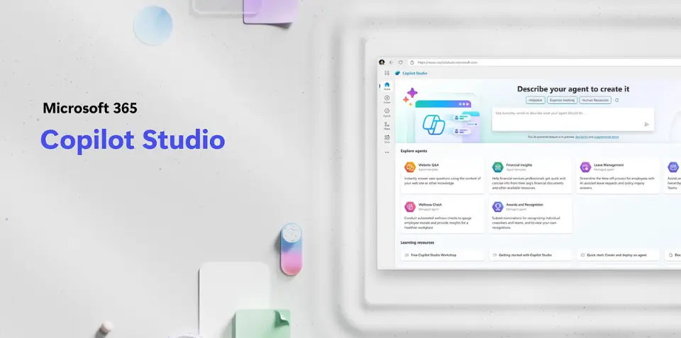 صورة توضيحية لـ Microsoft Copilot Studio تظهر واجهته وأدواته المتقدمة لتطوير مساعدين ذكيين يساعدون في تحسين الإنتاجية داخل الشركات.