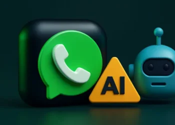 واجهة تطبيق واتساب على الهاتف تظهر شعار واتساب مع تنبيه حول حظر روبوتات الدردشة وانتشار الذكاء الاصطناعي على المنصة.