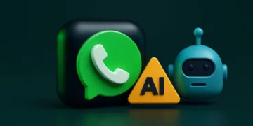 واجهة تطبيق واتساب على الهاتف تظهر شعار واتساب مع تنبيه حول حظر روبوتات الدردشة وانتشار الذكاء الاصطناعي على المنصة.