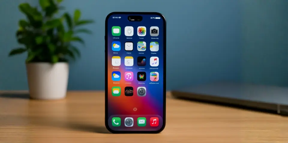 صورة توضيحية لهاتف iPhone يعرض واجهة نظام iOS 26 مع رموز وتقنيات تعبر عن ميزة مبتكرة للذكاء الاصطناعي لتعزيز تجربة المستخدم.