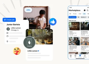 صورة توضح ميزة "الوظائف" على فيسبوك مع قائمة الوظائف المحلية وفرص العمل المتاحة عبر المنصة.