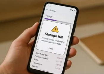 شعار امتلاء مساحة التخزين مع شاشة إعدادات تُظهر تفاصيل استخدام الذاكرة لتوضيح خطوات توفير مساحة التخزين في الهاتف