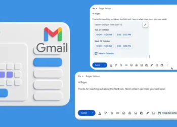 واجهة ميزة ساعدني في الجدولة تظهر اقتراحات توقيت الاجتماعات الذكية داخل بريد Gmail مع تقويم جوجل، مدعومة بتقنية Gemini.