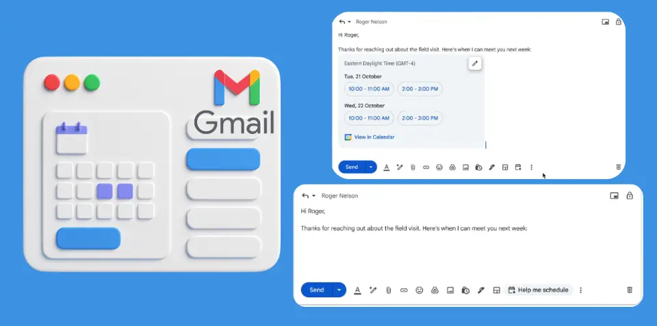 واجهة ميزة ساعدني في الجدولة تظهر اقتراحات توقيت الاجتماعات الذكية داخل بريد Gmail مع تقويم جوجل، مدعومة بتقنية Gemini.